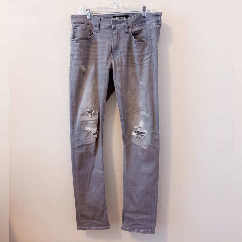 Express Men's Slim Stretch Light Gray Distressed Jeans